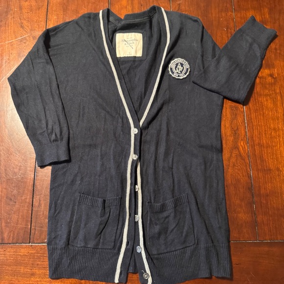 Abercrombie & Fitch Sweaters - Abercrombie Fitch Navy Blue Gray Trim V Neck Button Front Cardigan Sweater Sm‎